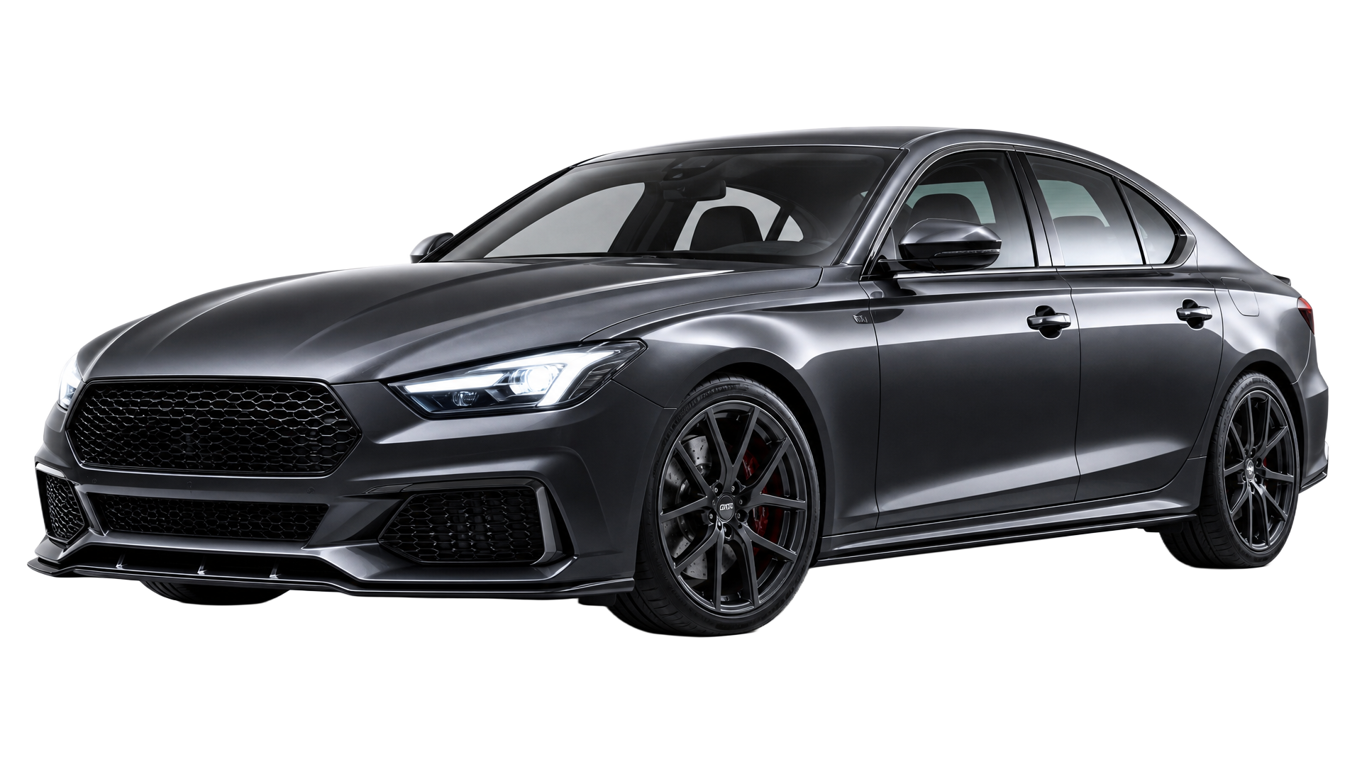 Dark metallic performance saloon lit in a studio, wheels and brakes visible